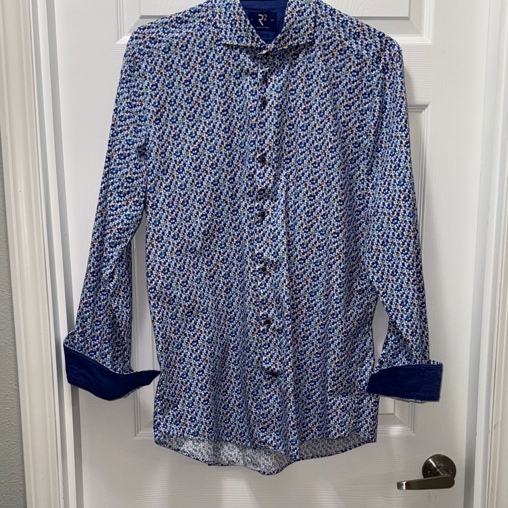R2 Blue and White Patterned Casual Shirt